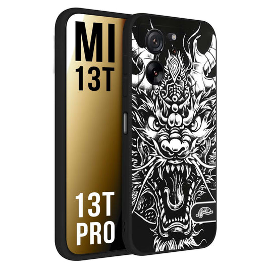 CUSTOMIZZA - Custodia cover nera morbida in tpu compatibile per Xiaomi 13T - 13T PRO drago black and white bianco a rilievo disegnato tattoo tatuaggio