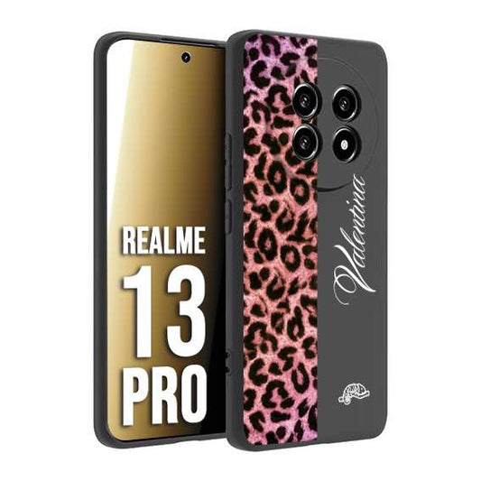 CUSTOMIZZA - Custodia cover nera morbida in tpu compatibile per Realme 13 PRO leopardato rosa fucsia personalizzata nome iniziali