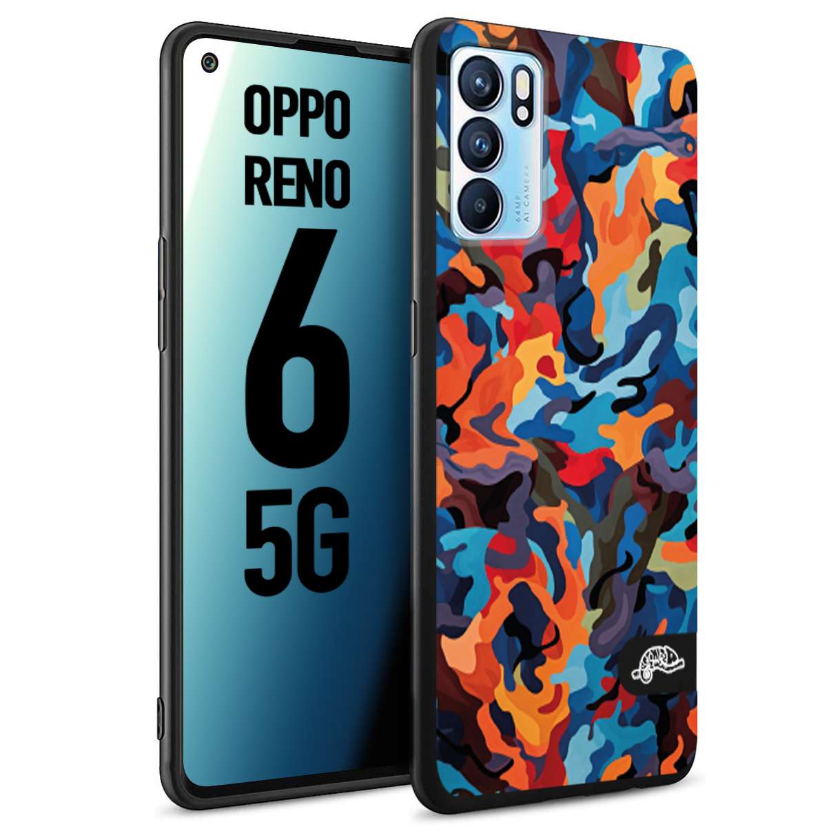 CUSTOMIZZA - Custodia cover nera morbida in tpu compatibile per Oppo Reno 6 5G camouflage mimetico militare moderno blu arancio rosso