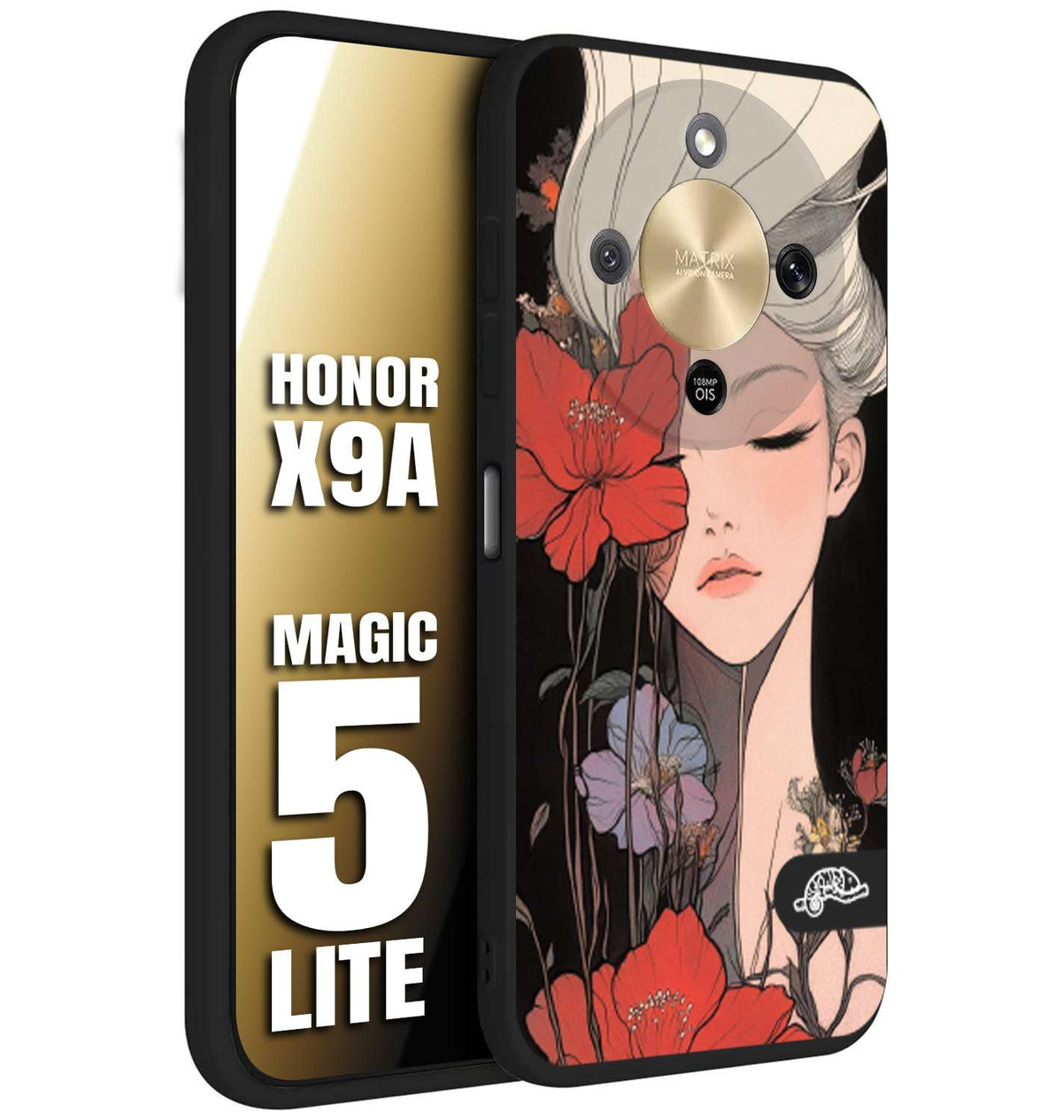 CUSTOMIZZA - Custodia cover nera morbida in tpu compatibile per Honor X9A - Honor Magic 5 Lite woman flower Fantasia Floreale Design Donna e Fiori, Retro Artistico