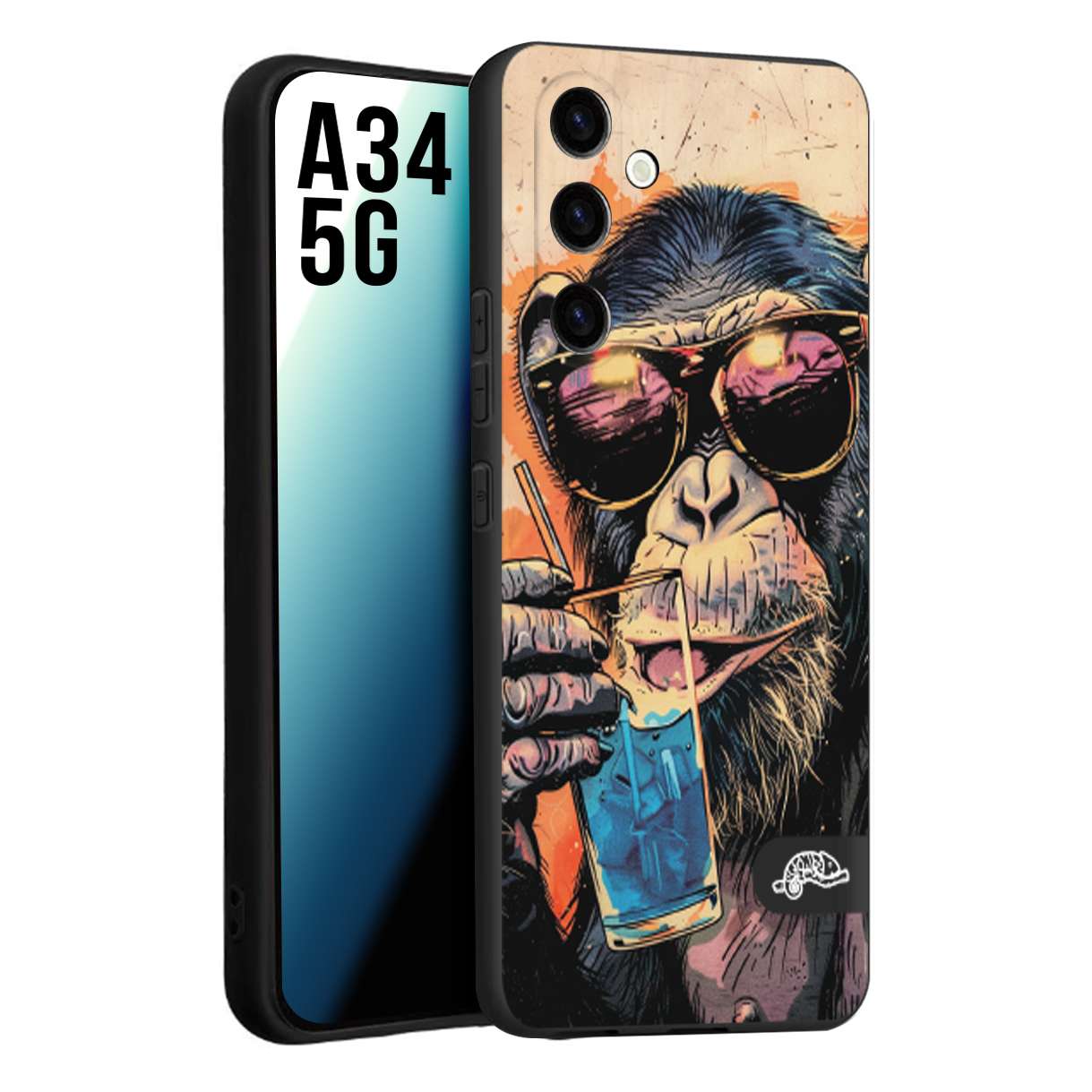 CUSTOMIZZA - Custodia cover nera morbida in tpu compatibile per Samsung A34 5G estate disegnata cocktails animali simpatici scimmia monkey negroni