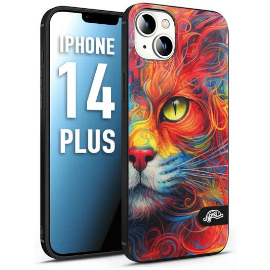 CUSTOMIZZA - Custodia cover nera morbida in tpu compatibile per iPhone 14 PLUS animali color cat gatto viso colori vibranti disegnato schizzo