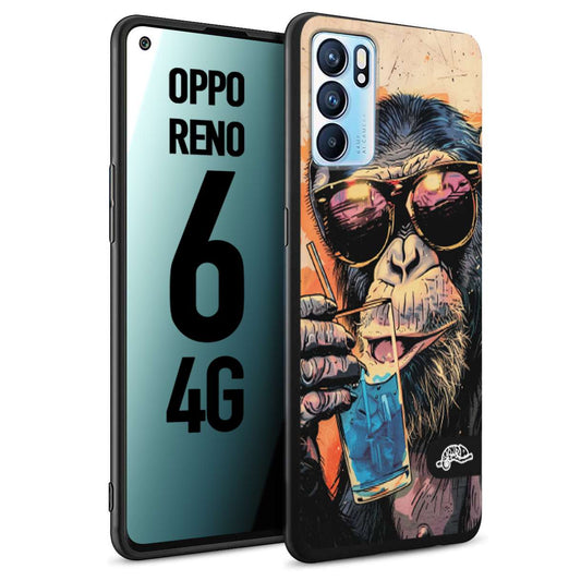 CUSTOMIZZA - Custodia cover nera morbida in tpu compatibile per Oppo Reno 6 4G estate disegnata cocktails animali simpatici scimmia monkey negroni