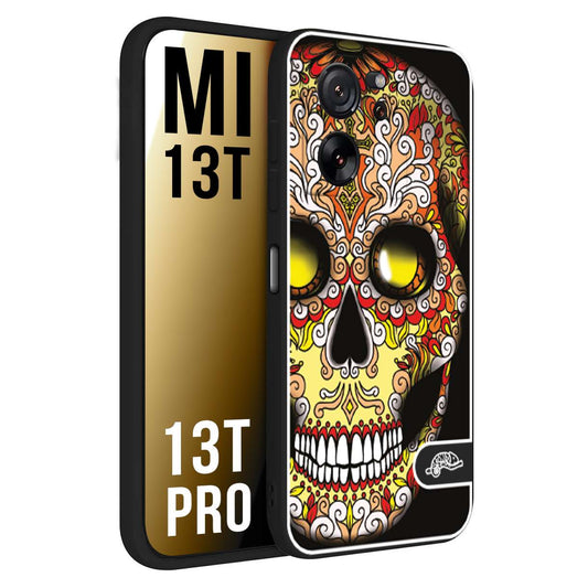 CUSTOMIZZA - Custodia cover nera morbida in tpu compatibile per Xiaomi 13T - 13T PRO teschio messicano Mexican skull giallo rosso arancio