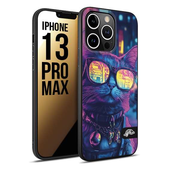 CUSTOMIZZA - Custodia cover nera morbida in tpu compatibile per iPhone 13 PRO MAX animali cyberpunk gatto street cat fucsia blu giallo