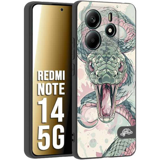 CUSTOMIZZA - Custodia cover nera morbida in tpu compatibile per Xiaomi Redmi Note 14 5G snake pink green serpente tatuaggio tattoo disegnato a mano