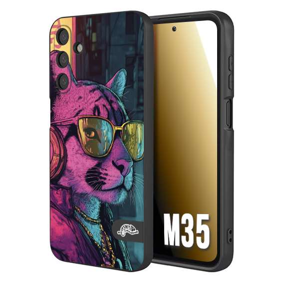 CUSTOMIZZA - Custodia cover nera morbida in tpu compatibile per Samsung M35 animali cyberpunk pantera street cat fucsia blu giallo