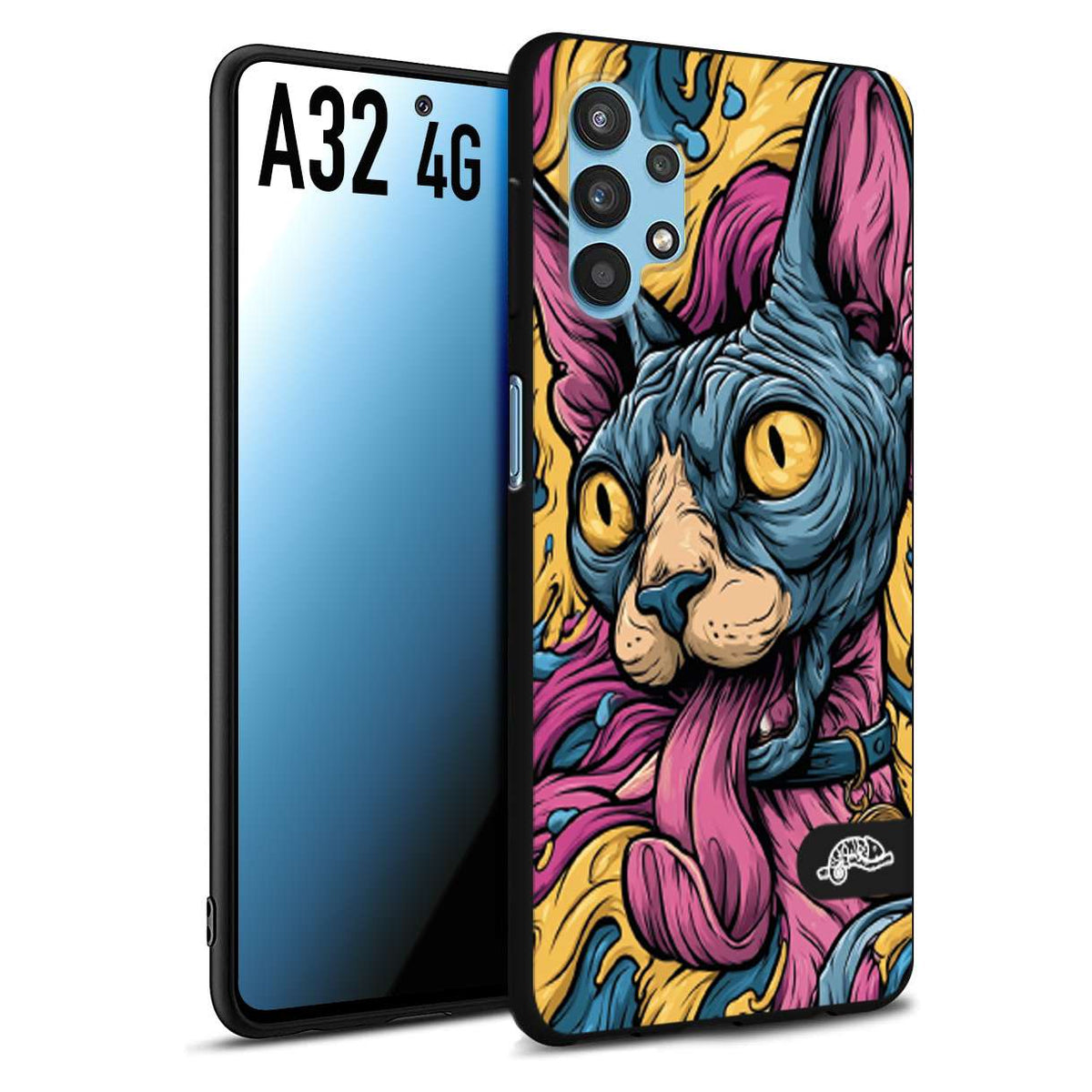 CUSTOMIZZA - Custodia cover nera morbida in tpu compatibile per Samsung A32 4G Sphynx Colorato Pop Art Psichedelico Gatto Blu Rosa Giallo Artistica Fantasy