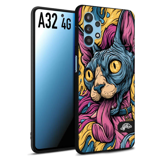 CUSTOMIZZA - Custodia cover nera morbida in tpu compatibile per Samsung A32 4G Sphynx Colorato Pop Art Psichedelico Gatto Blu Rosa Giallo Artistica Fantasy