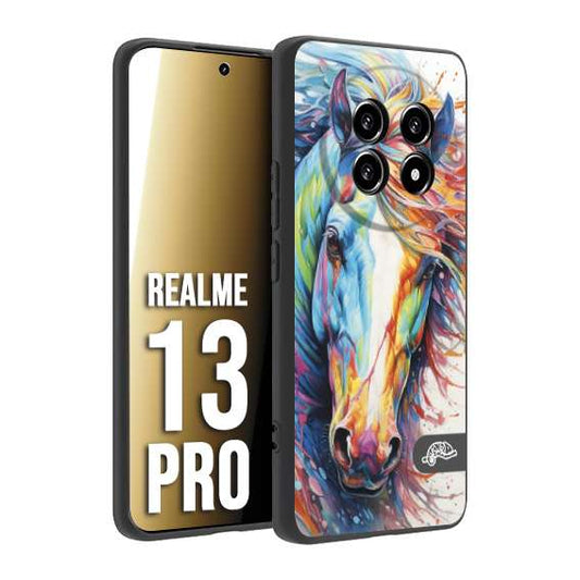 CUSTOMIZZA - Custodia cover nera morbida in tpu compatibile per Realme 13 PRO animali color cavallo horse viso colori vibranti disegnato schizzo