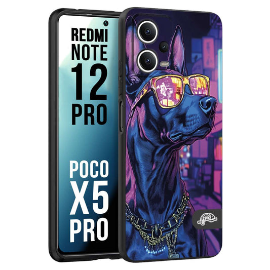 CUSTOMIZZA - Custodia cover nera morbida in tpu compatibile per Xiaomi Redmi Note 12 PRO - POCO X5 PRO animali cyberpunk dobermann cane street dog fucsia blu night