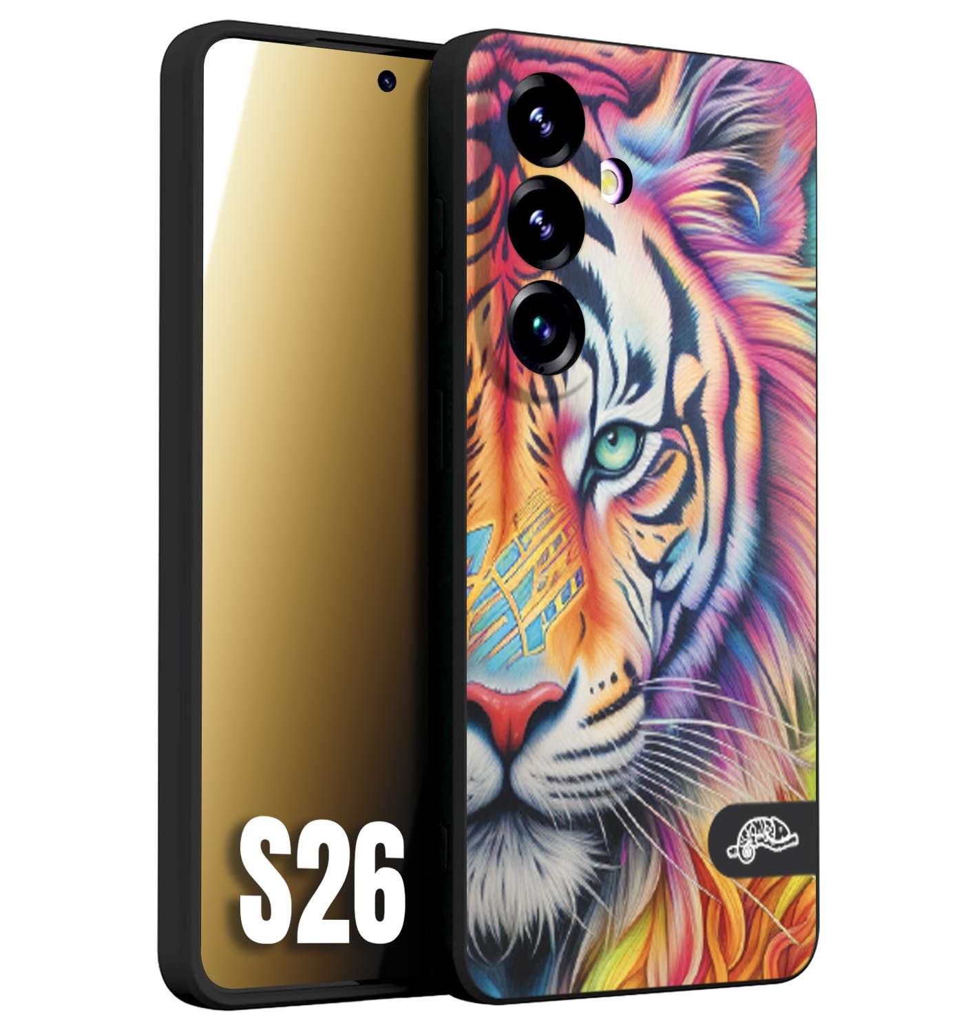 CUSTOMIZZA - Custodia cover nera morbida in tpu compatibile per Samsung S26 animali color tigre tiger viso colori vibranti disegnato schizzo