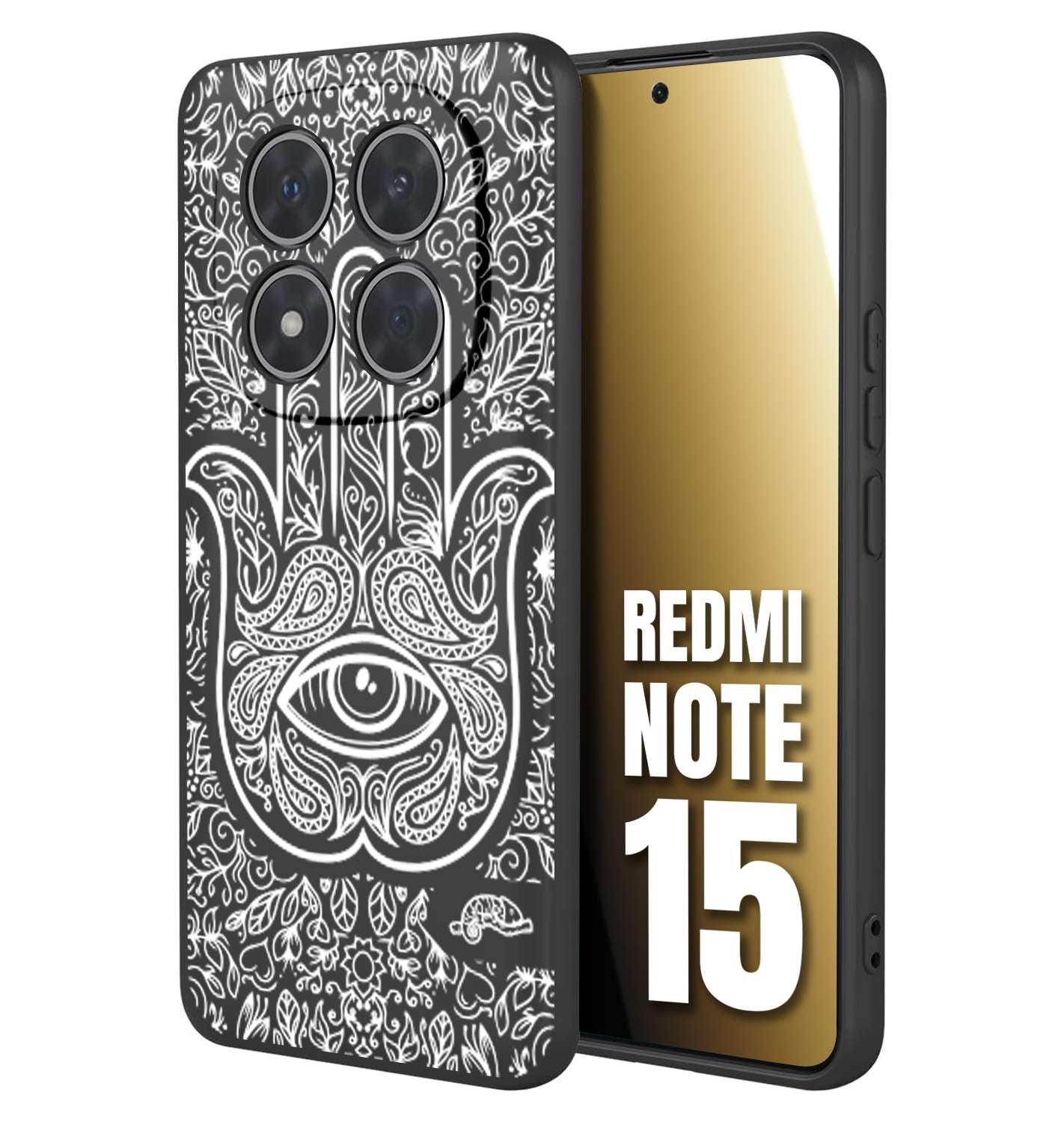 CUSTOMIZZA - Custodia cover nera morbida in tpu compatibile per Xiaomi Redmi Note 15 mano di fatima effetto rilievo mandala donna