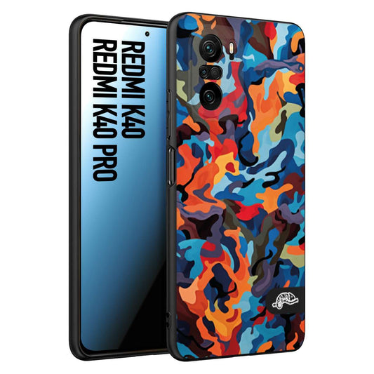 CUSTOMIZZA - Custodia cover nera morbida in tpu compatibile per Xiaomi Redmi K40 - K40 Pro camouflage mimetico militare moderno blu arancio rosso