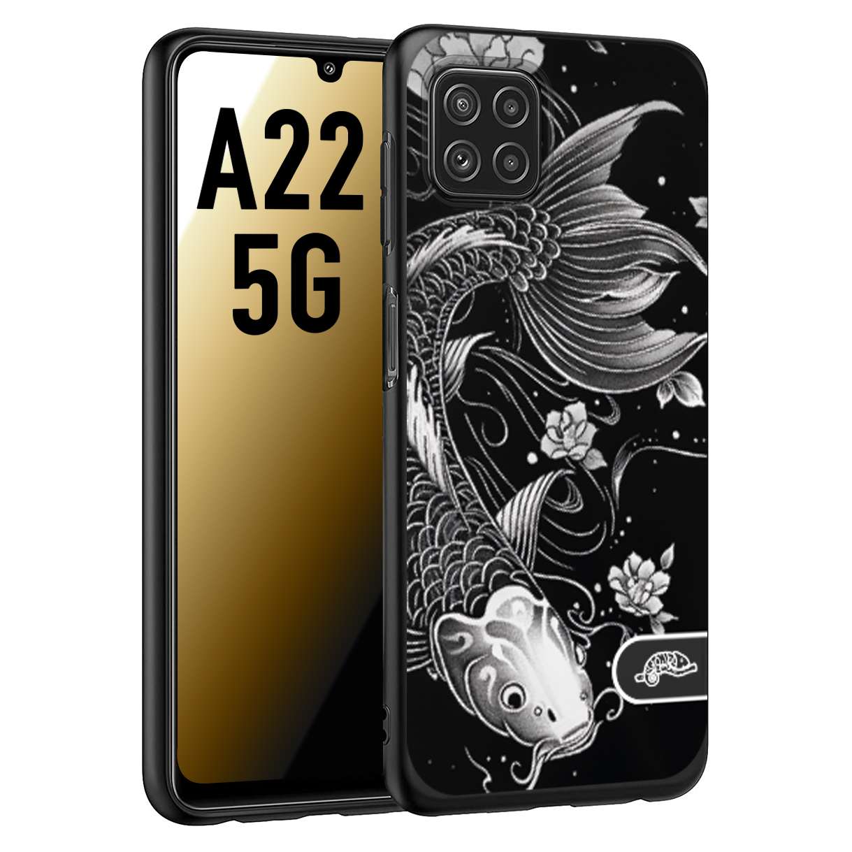 CUSTOMIZZA - Custodia cover nera morbida in tpu compatibile per Samsung A22 5G carpa koi black and white bianco a rilievo disegnato tattoo tatuaggio