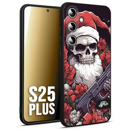 CUSTOMIZZA - Custodia cover nera morbida in tpu compatibile per Samsung S25 PLUS teschio natale santa claus fiori tattoo disegnato