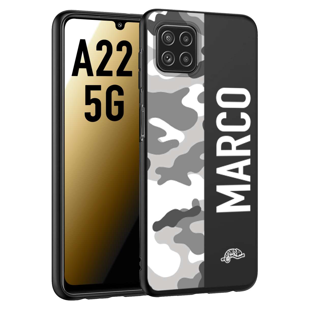 CUSTOMIZZA - Custodia cover nera morbida in tpu compatibile per Samsung A22 5G camouflage mimetico militare personalizzata nome bianco