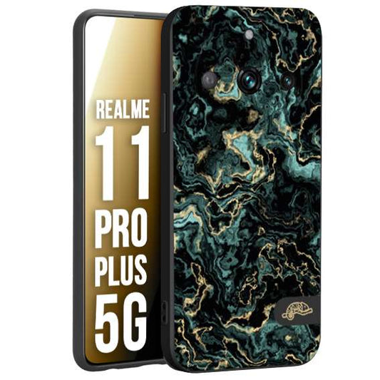 CUSTOMIZZA - Custodia cover nera morbida in tpu compatibile per Realme 11 PRO PLUS 5G effetto marmo marble verde green venature dorato pietra