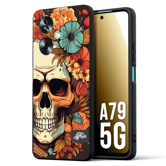 CUSTOMIZZA - Custodia cover nera morbida in tpu compatibile per Oppo A79 5G teschio skull flowers fiori autunnali arancio celeste tattoo