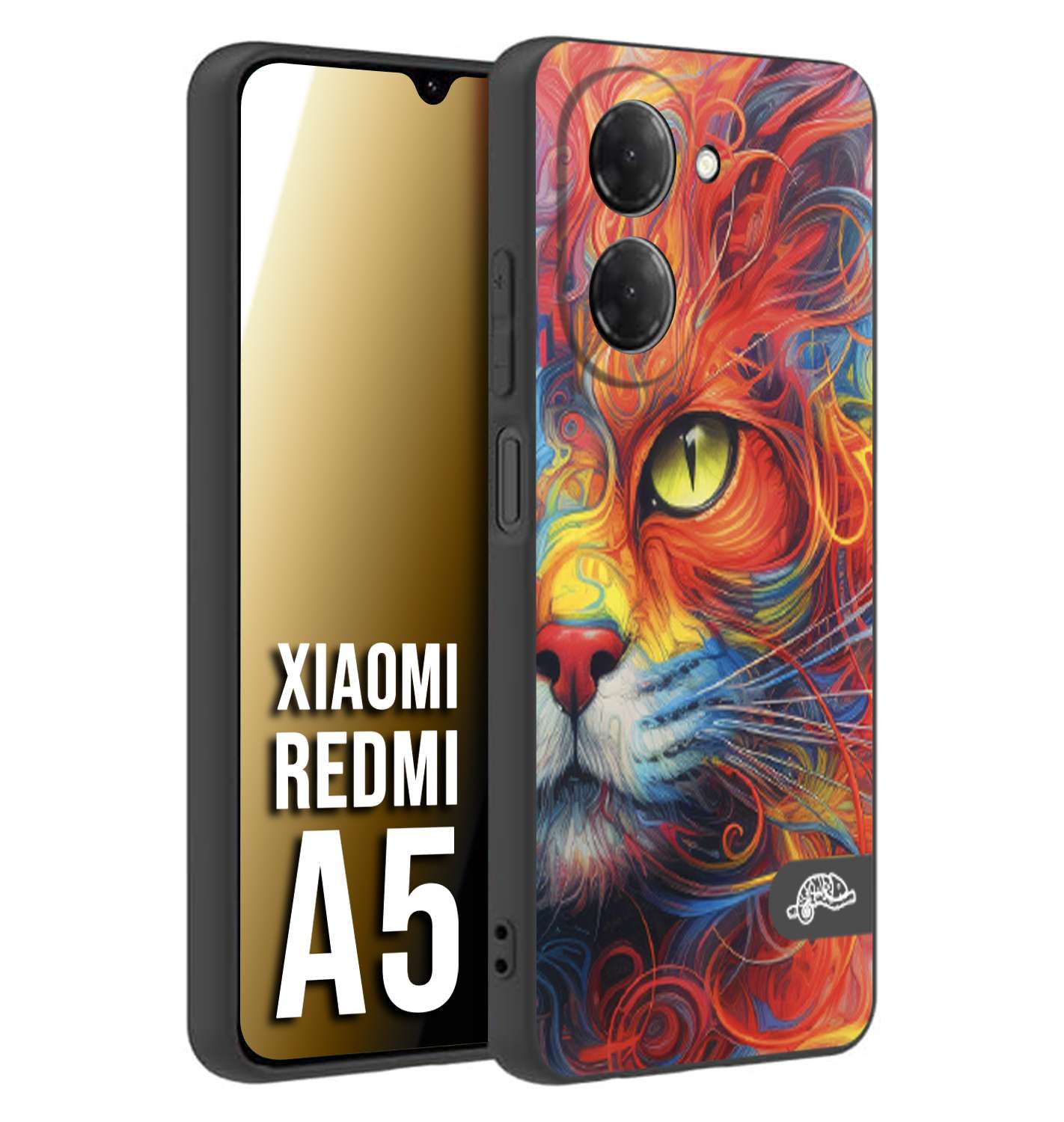 CUSTOMIZZA - Custodia cover nera morbida in tpu compatibile per Xiaomi Redmi A5 animali color cat gatto viso colori vibranti disegnato schizzo