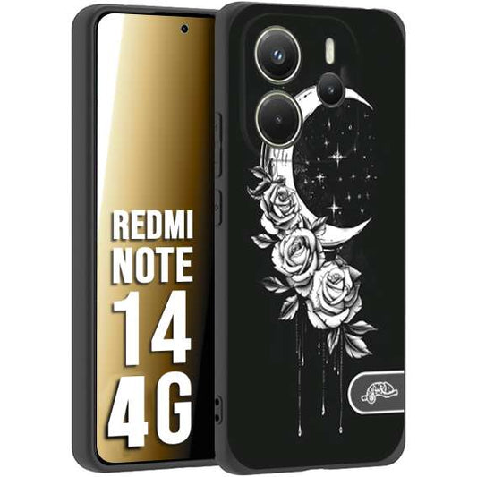 CUSTOMIZZA - Custodia cover nera morbida in tpu compatibile per Xiaomi Redmi Note 14 4G luna e fiori moon flowers black and white bianco a rilievo disegnato