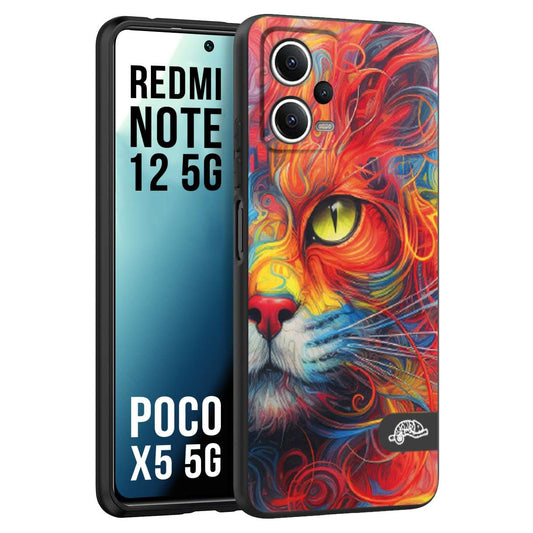 CUSTOMIZZA - Custodia cover nera morbida in tpu compatibile per Xiaomi Redmi Note 12 5G - POCO X5 5G animali color cat gatto viso colori vibranti disegnato schizzo