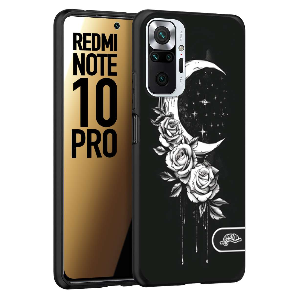 CUSTOMIZZA - Custodia cover nera morbida in tpu compatibile per Xiaomi Redmi Note 10 PRO luna e fiori moon flowers black and white bianco a rilievo disegnato tattoo tatuaggio