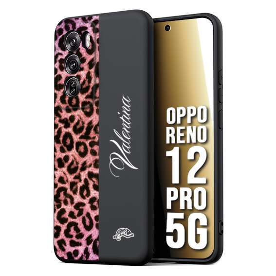 CUSTOMIZZA - Custodia cover nera morbida in tpu compatibile per Oppo Reno 12 PRO 5G leopardato rosa fucsia personalizzata nome iniziali