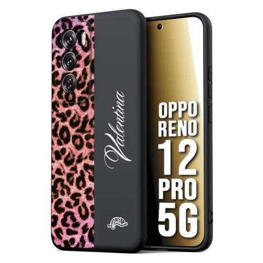 CUSTOMIZZA - Custodia cover nera morbida in tpu compatibile per Oppo Reno 12 PRO 5G leopardato rosa fucsia personalizzata nome iniziali
