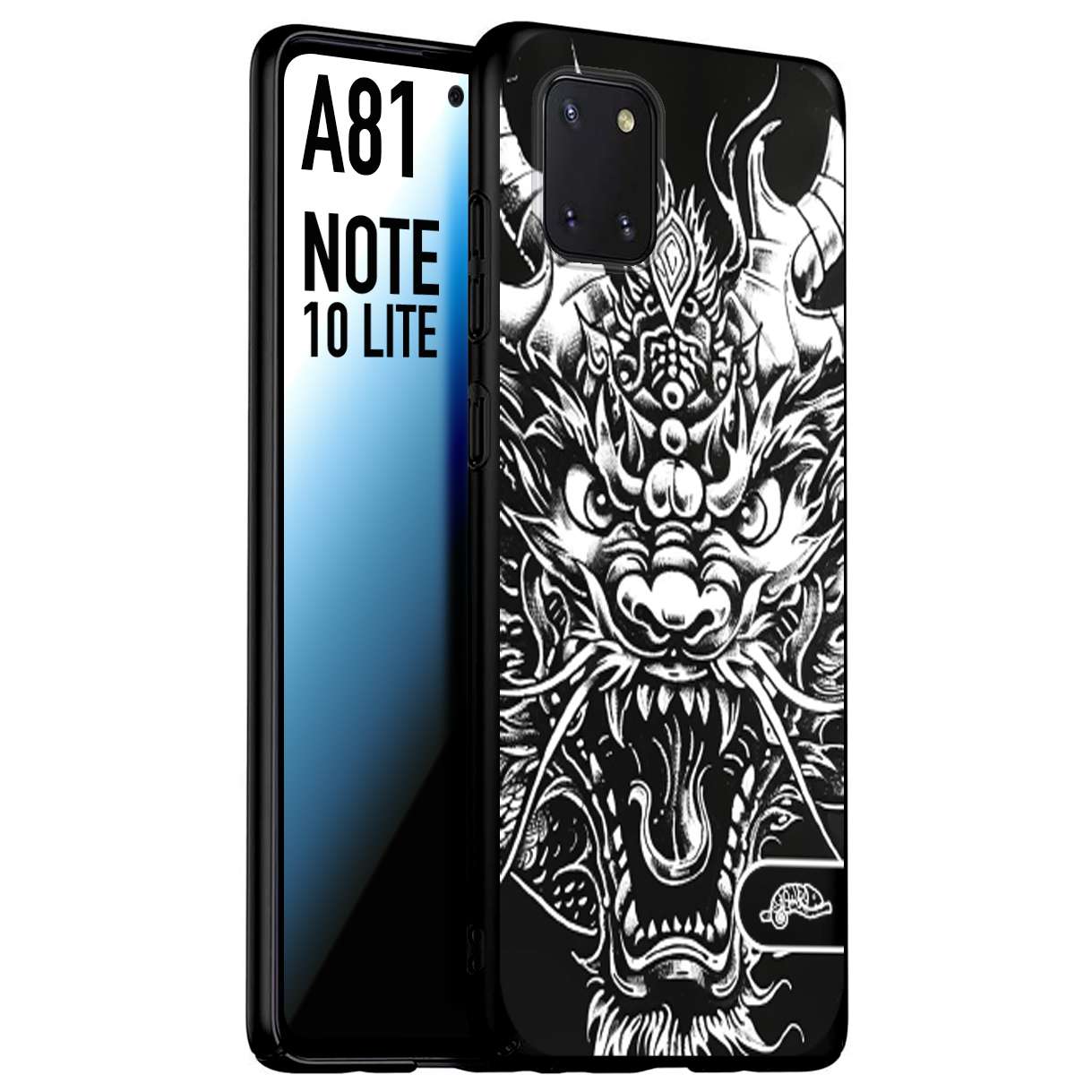 CUSTOMIZZA - Custodia cover nera morbida in tpu compatibile per Samsung A81 - Note 10 Lite drago black and white bianco a rilievo disegnato tattoo tatuaggio