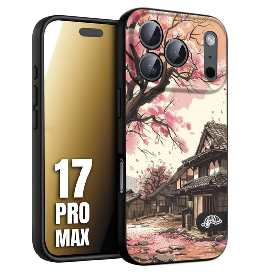 CUSTOMIZZA - Custodia cover nera morbida in tpu compatibile per iPhone 17 PRO MAX casa giapponese rosa ciliegio in fiore disegnata tattoo