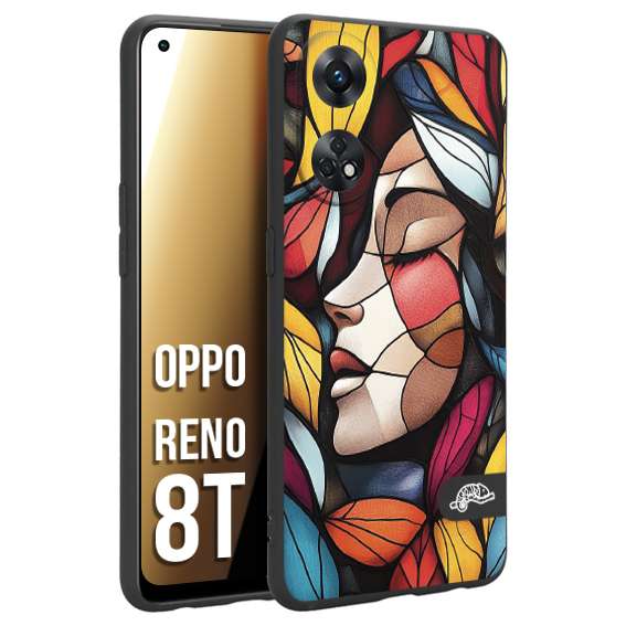 CUSTOMIZZA - Custodia cover nera morbida in tpu compatibile per Oppo Reno 8T Vetrata artistica volto di donna profilo fogliare mosaico di vetro colorato