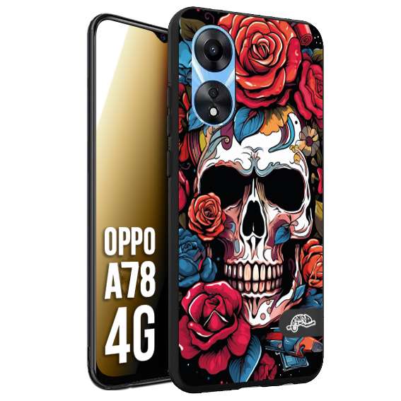 CUSTOMIZZA - Custodia cover nera morbida in tpu compatibile per Oppo A78 4G teschio skull flowers fiori rose rosse tattoo disegnato