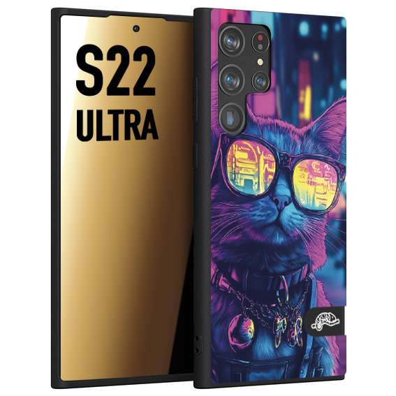 CUSTOMIZZA - Custodia cover nera morbida in tpu compatibile per Samsung S22 ULTRA animali cyberpunk gatto street cat fucsia blu giallo