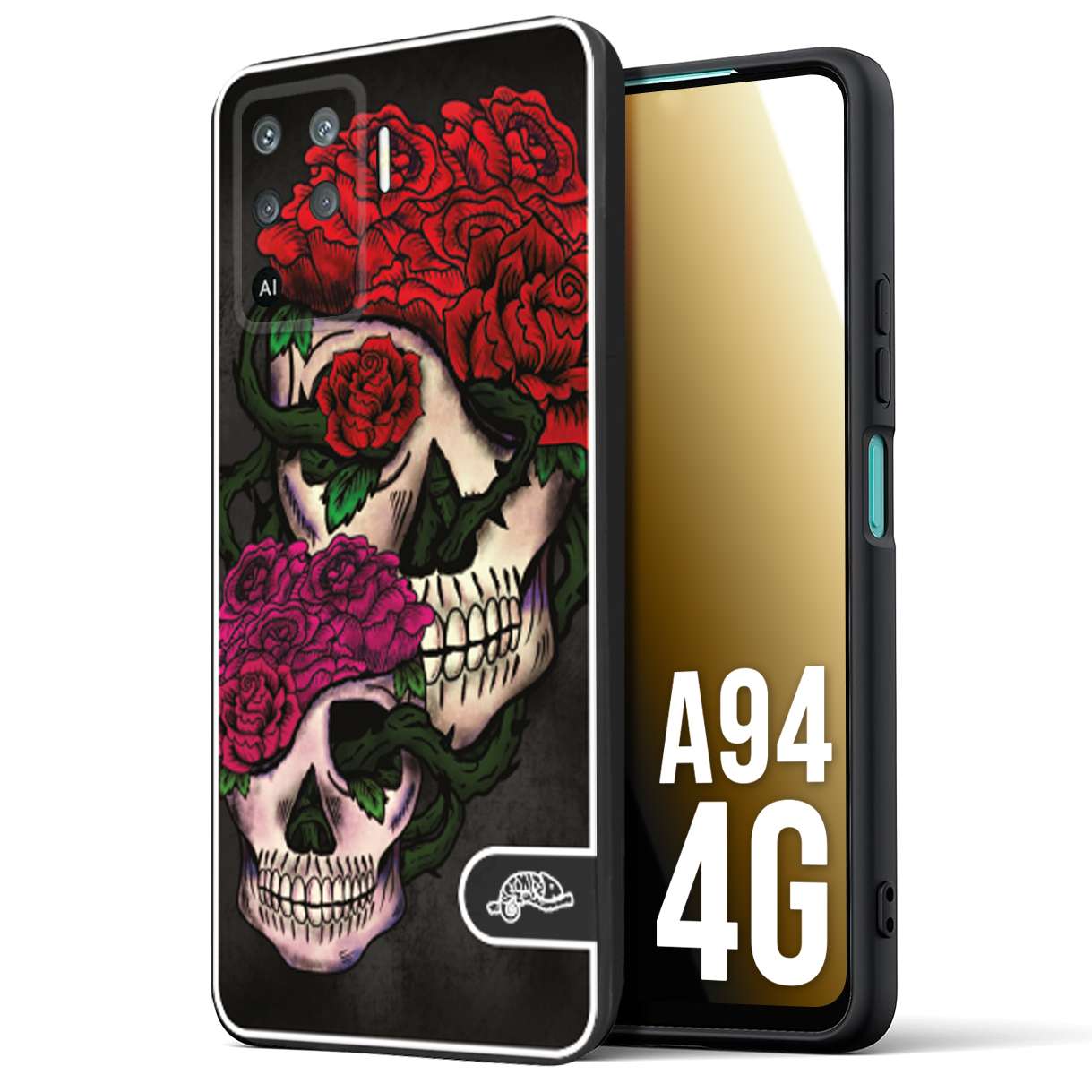 CUSTOMIZZA - Custodia cover nera morbida in tpu compatibile per Oppo A94 4G teschi e rose rosse fucsia skull and roses