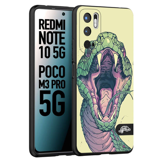 CUSTOMIZZA - Custodia cover nera morbida in tpu compatibile per Xiaomi Redmi Note 10 5G - Poco M3 Pro 5G snake yellow green serpente tatuaggio tattoo disegnato a mano