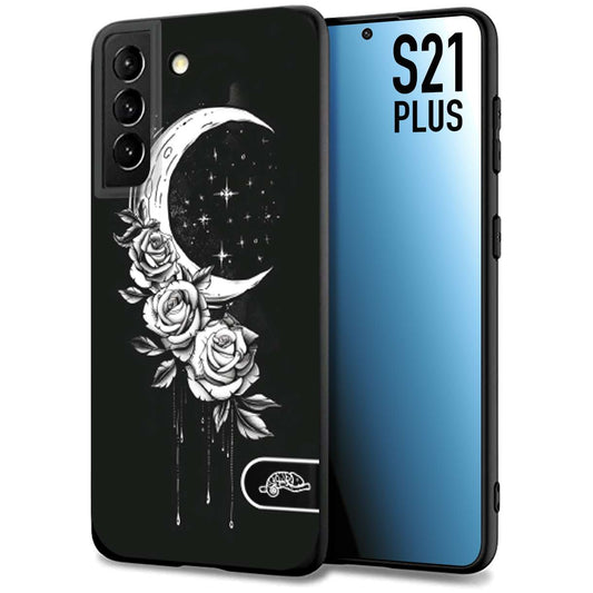 CUSTOMIZZA - Custodia cover nera morbida in tpu compatibile per Samsung S21 PLUS luna e fiori moon flowers black and white bianco a rilievo disegnato