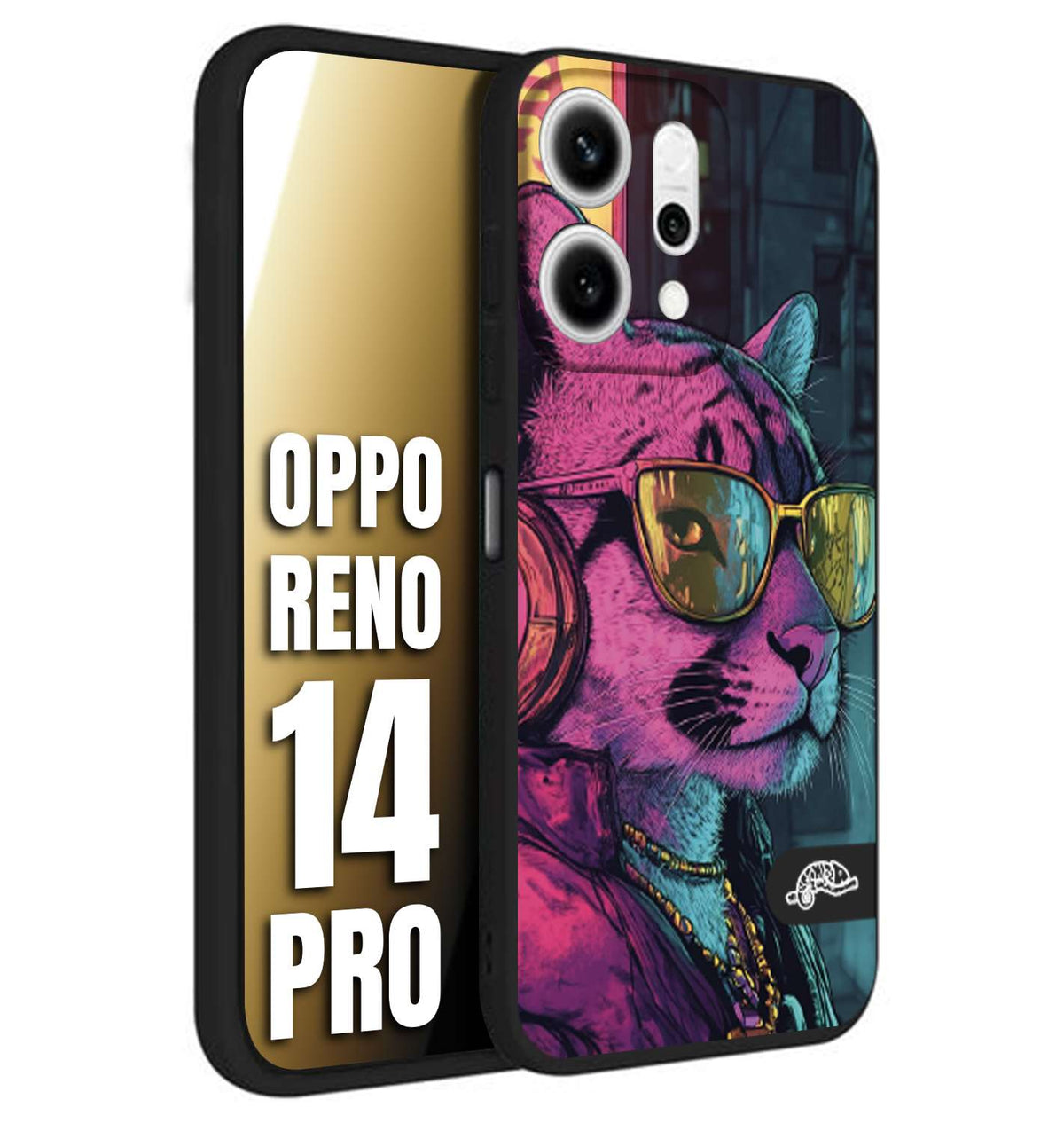 CUSTOMIZZA - Custodia cover nera morbida in tpu compatibile per Oppo Reno 14 PRO animali cyberpunk pantera street cat fucsia blu giallo