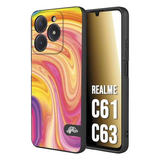 CUSTOMIZZA - Custodia cover nera morbida in tpu compatibile per Realme C61 - C63 colorata fantasia vortice marmo onde rosa fucsia gialla