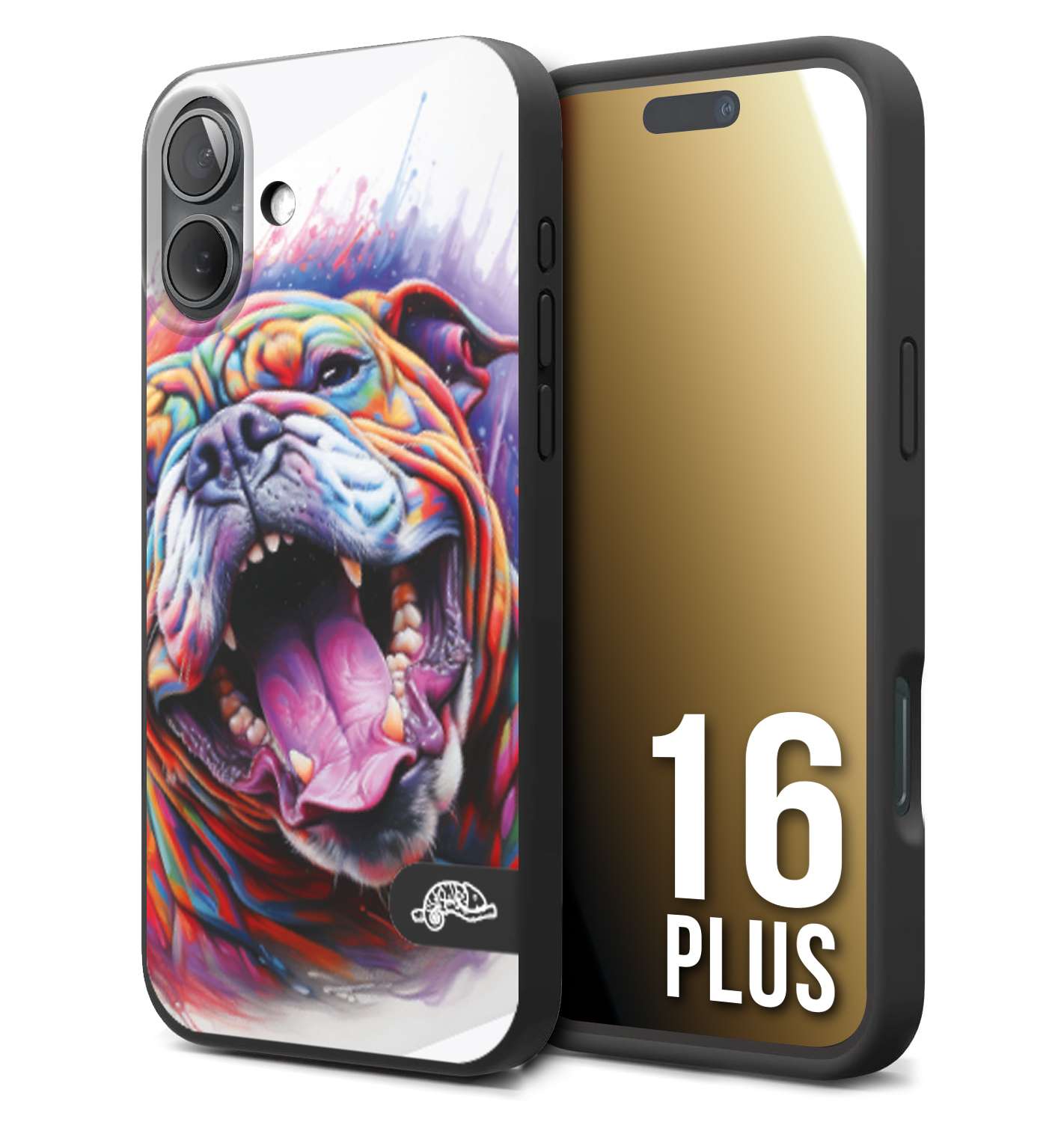 CUSTOMIZZA - Custodia cover nera morbida in tpu compatibile per iPhone 16 PLUS animali color bulldog cane dog colori vibranti disegnato schizzo