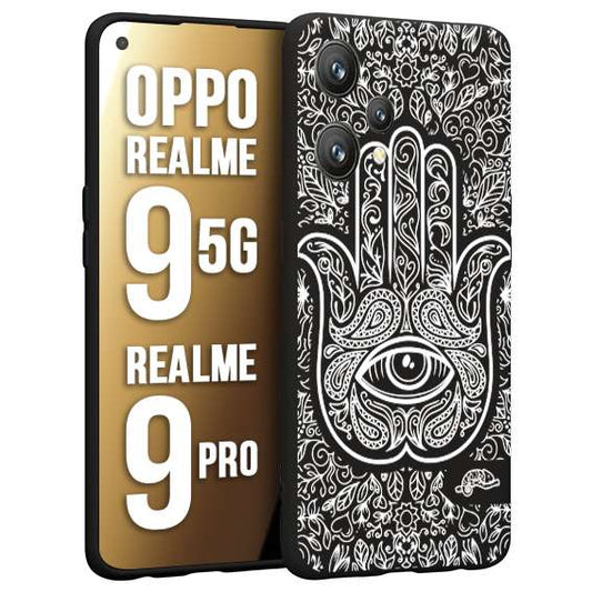 CUSTOMIZZA - Custodia cover nera morbida in tpu compatibile per Realme 9 5G - 9 PRO mano di fatima effetto rilievo mandala donna