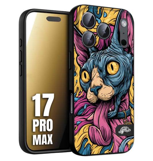 CUSTOMIZZA - Custodia cover nera morbida in tpu compatibile per iPhone 17 PRO MAX Sphynx Colorato Pop Art Psichedelico Gatto Blu Rosa Giallo Artistica Fantasy