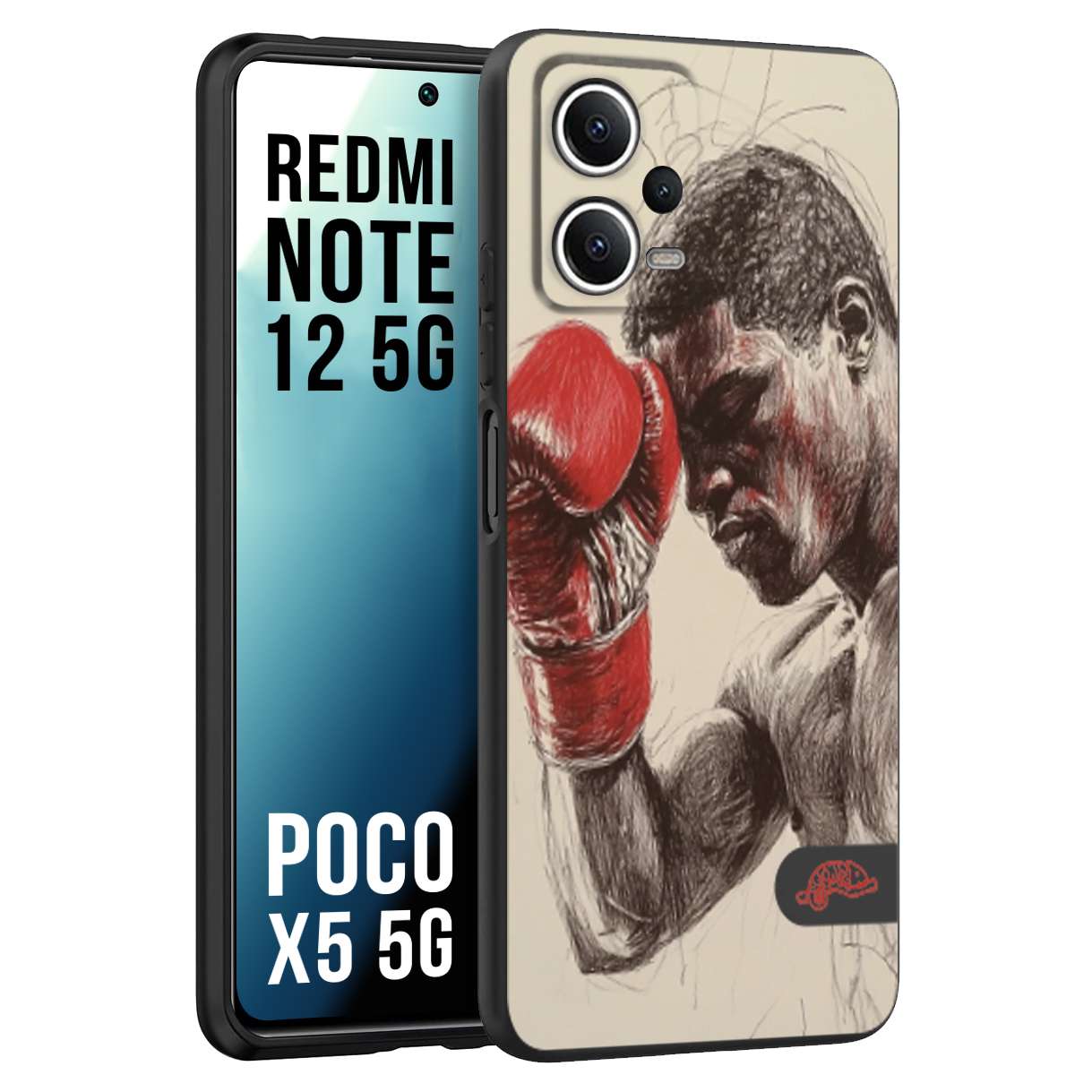 CUSTOMIZZA - Custodia cover nera morbida in tpu compatibile per Xiaomi Redmi Note 12 5G - POCO X5 5G pugilato pugili disegno tattoo guantoni boxer pesi massimi