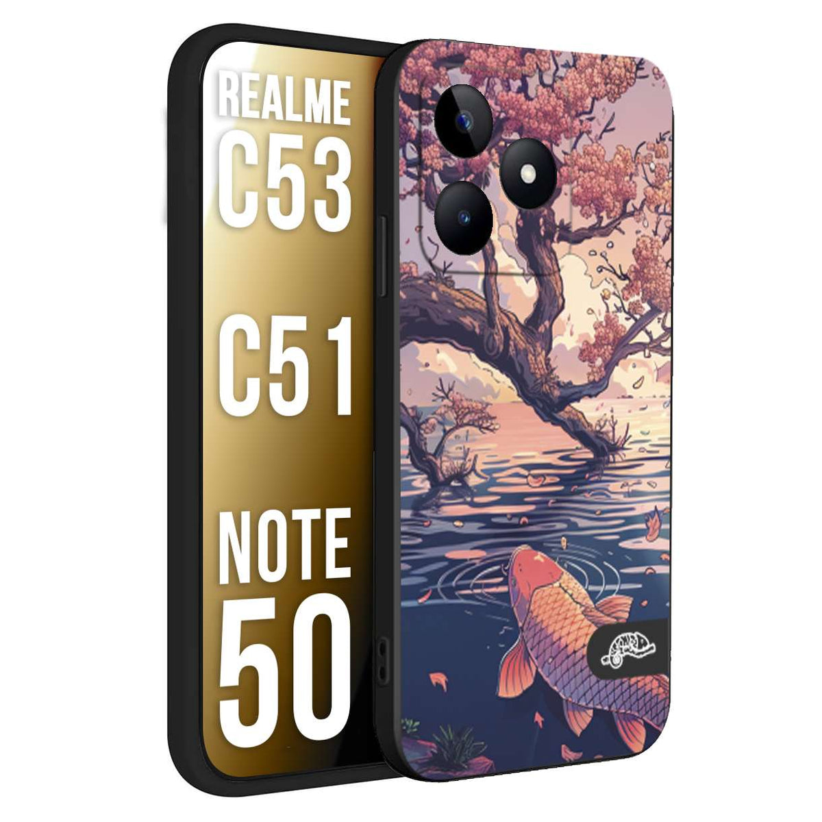CUSTOMIZZA - Custodia cover nera morbida in tpu compatibile per Realme C53 - C51 - NOTE 50 giapponese lago carpa koi rosa con foglie d'acero disegnata tattoo
