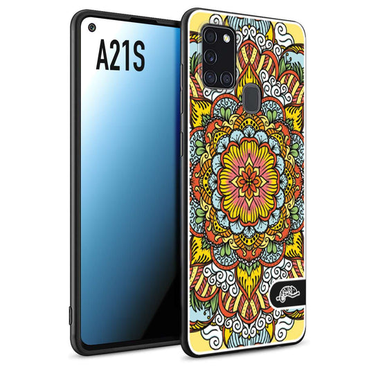 CUSTOMIZZA - Custodia cover nera morbida in tpu compatibile per Samsung A21S mandala colorato fiore nuvole arancione