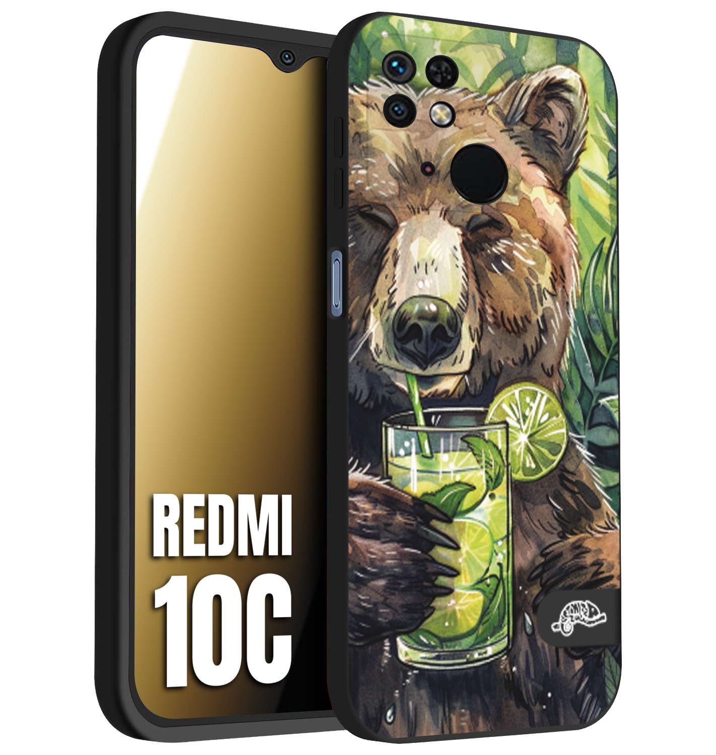 CUSTOMIZZA - Custodia cover nera morbida in tpu compatibile per Xiaomi Redmi 10C fiori estate disegnata cocktails animali simpatici orso bear negroni
