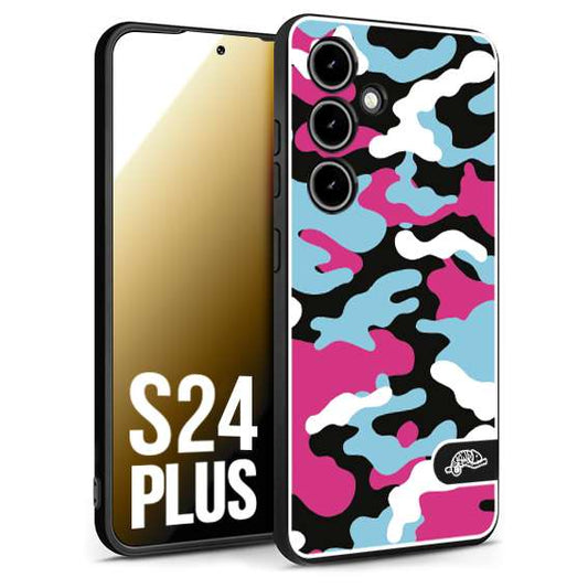 CUSTOMIZZA - Custodia cover nera morbida in tpu compatibile per Samsung S24 PLUS camouflage mimetico militare fucsia celeste