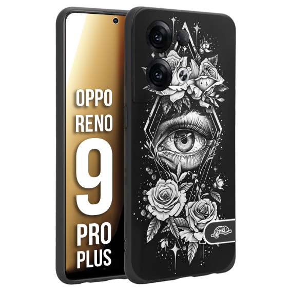 CUSTOMIZZA - Custodia cover nera morbida in tpu compatibile per Oppo Reno 9 PRO PLUS occhio fiori rombo geometrico black and white bianco a rilievo disegnato tattoo tatuaggio