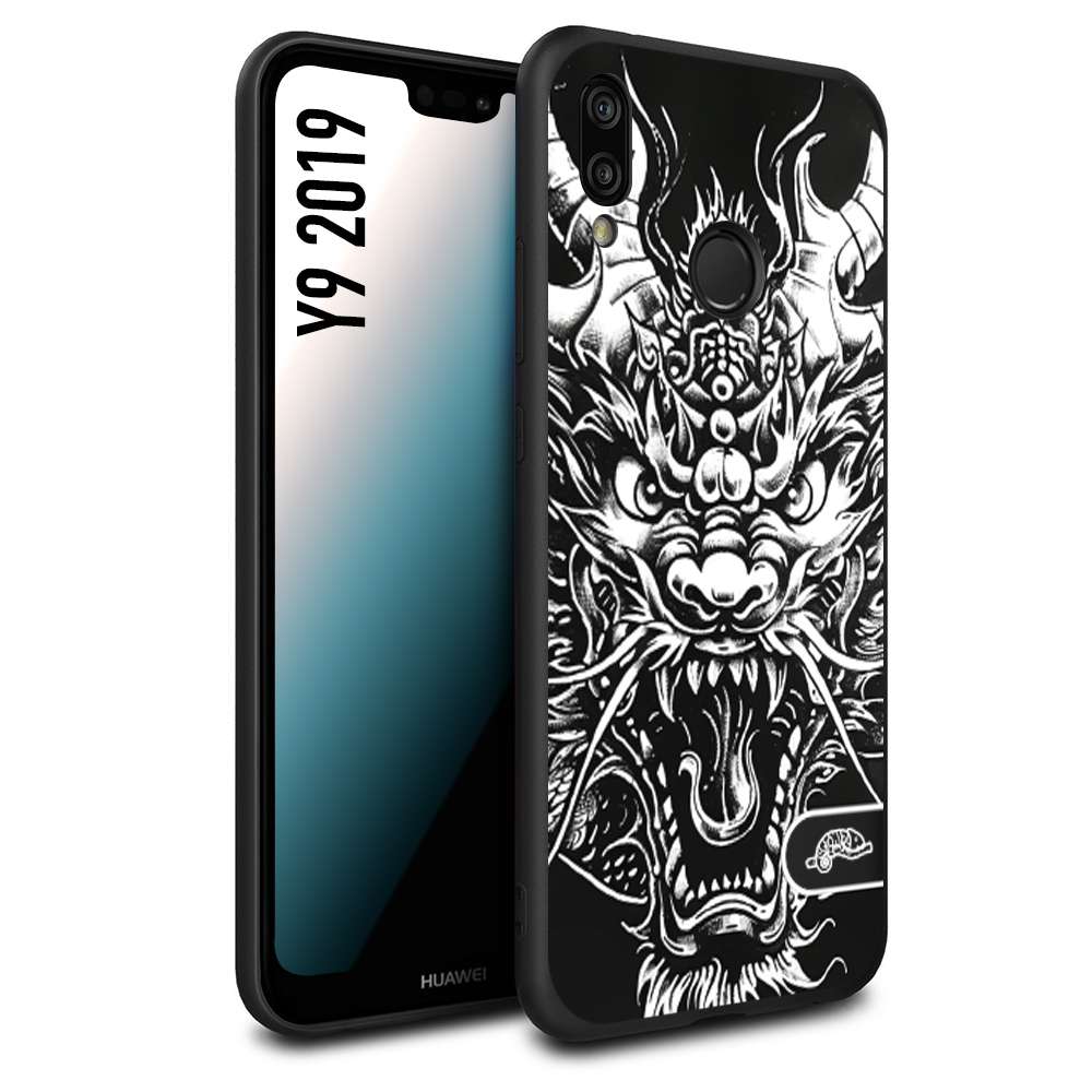 CUSTOMIZZA - Custodia cover nera morbida in tpu compatibile per Huawei Y9 2019 drago black and white bianco a rilievo disegnato tattoo tatuaggio