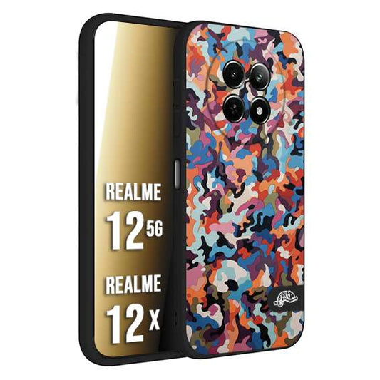 CUSTOMIZZA - Custodia cover nera morbida in tpu compatibile per Realme 12 5G - 12X camouflage mimetico militare moderno blu arancio rosa